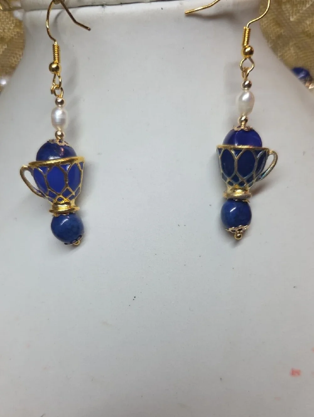Enamel Teacup Lapis Lazuli Freshwater Pearl Women's Necklace & Earrings Set